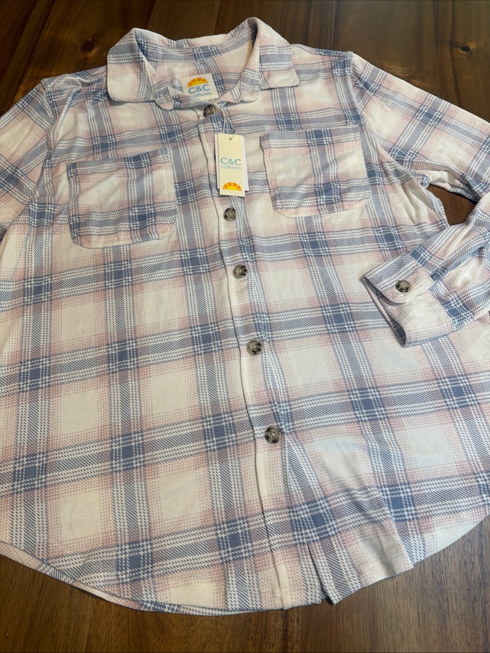 C&C California Plaid Flannel Button Down Shirt Women's L Pastel NWT Super soft